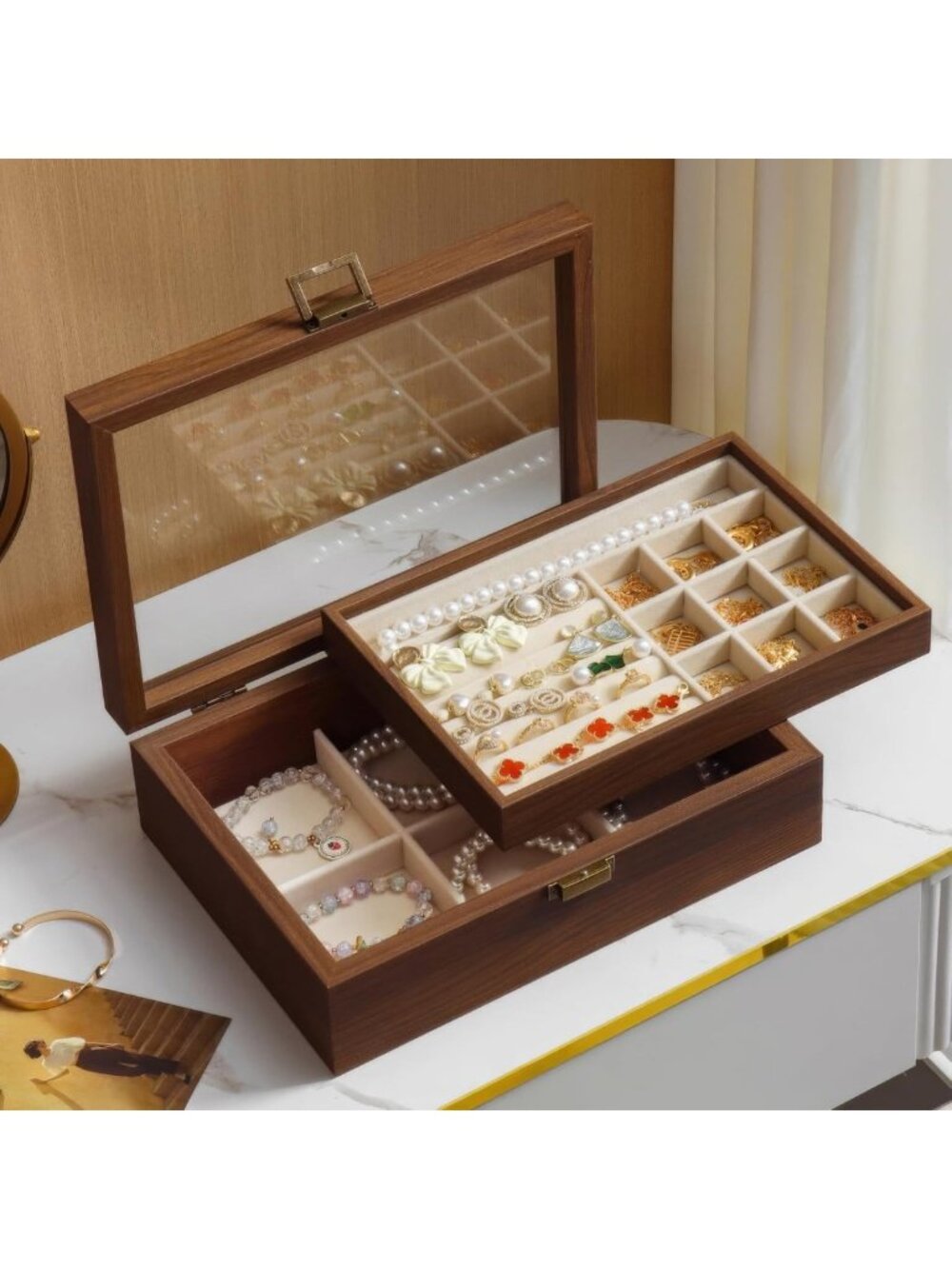Elegant 2-Layer Wooden Jewelry Box with Glass Lid - Stylish Organizer for